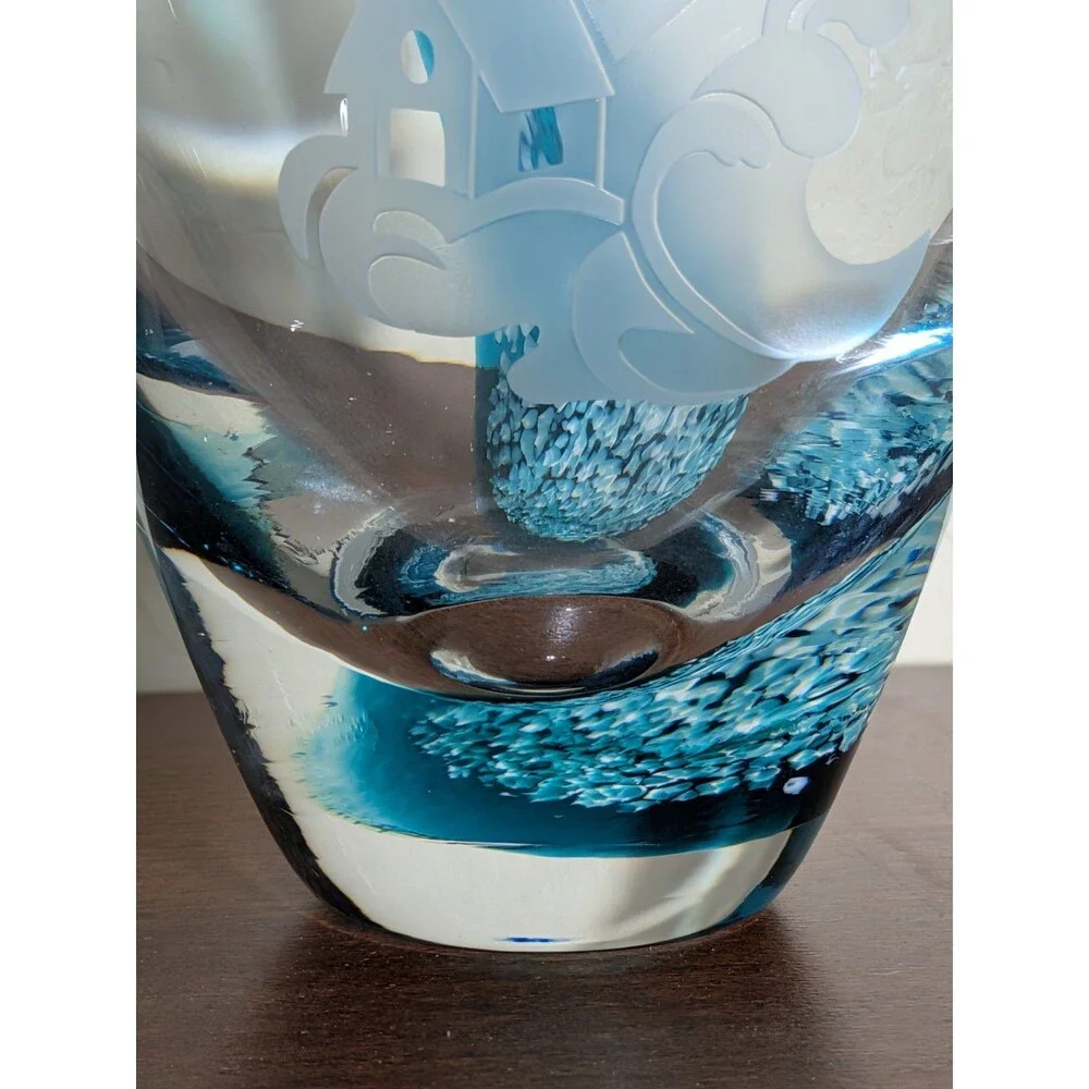 Lenox Barrel Etched Teal Vase Swirl Wave Lighthouse Crystal/Cut Glass 8